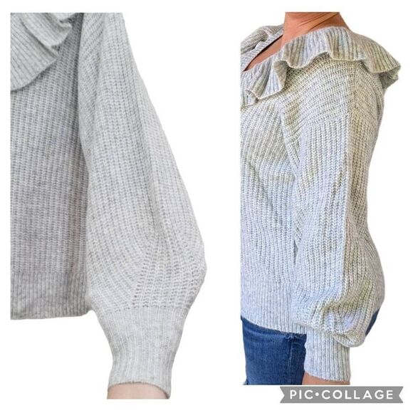A New Day Grey Ivory V-Neck Ruffle Pullover Drop Shoulder Sweater Women Size XL - Picture 5 of 10